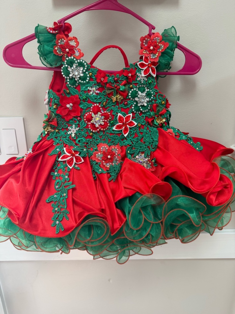 Red & Green Floral Appliqué Girls' Formal Party Dress